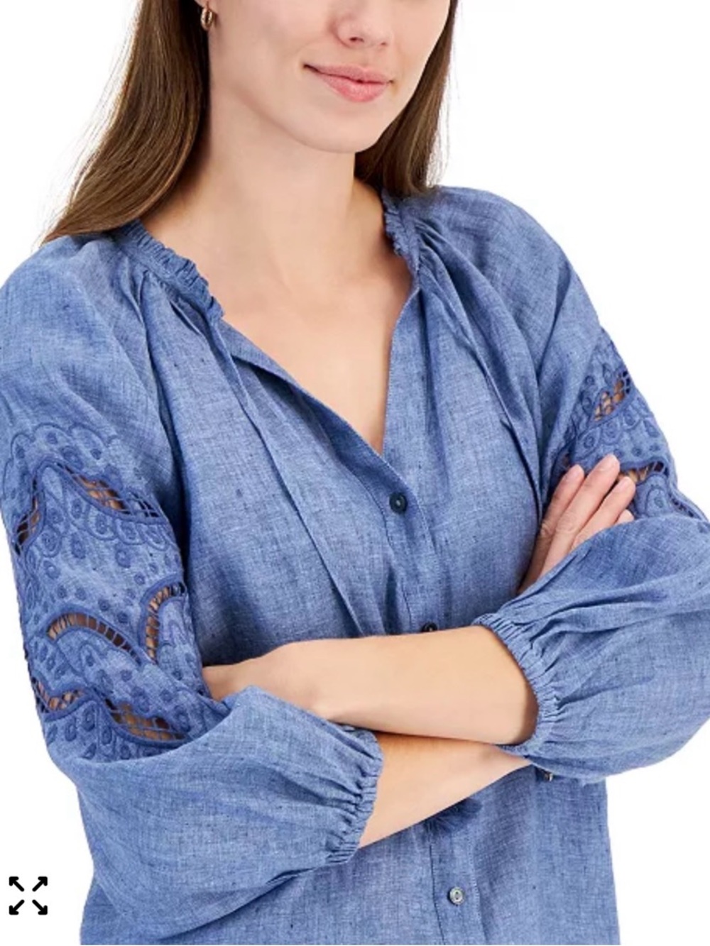 Charter Club 100% Linen Blue Embroidered Tassel Button-Front Tunic